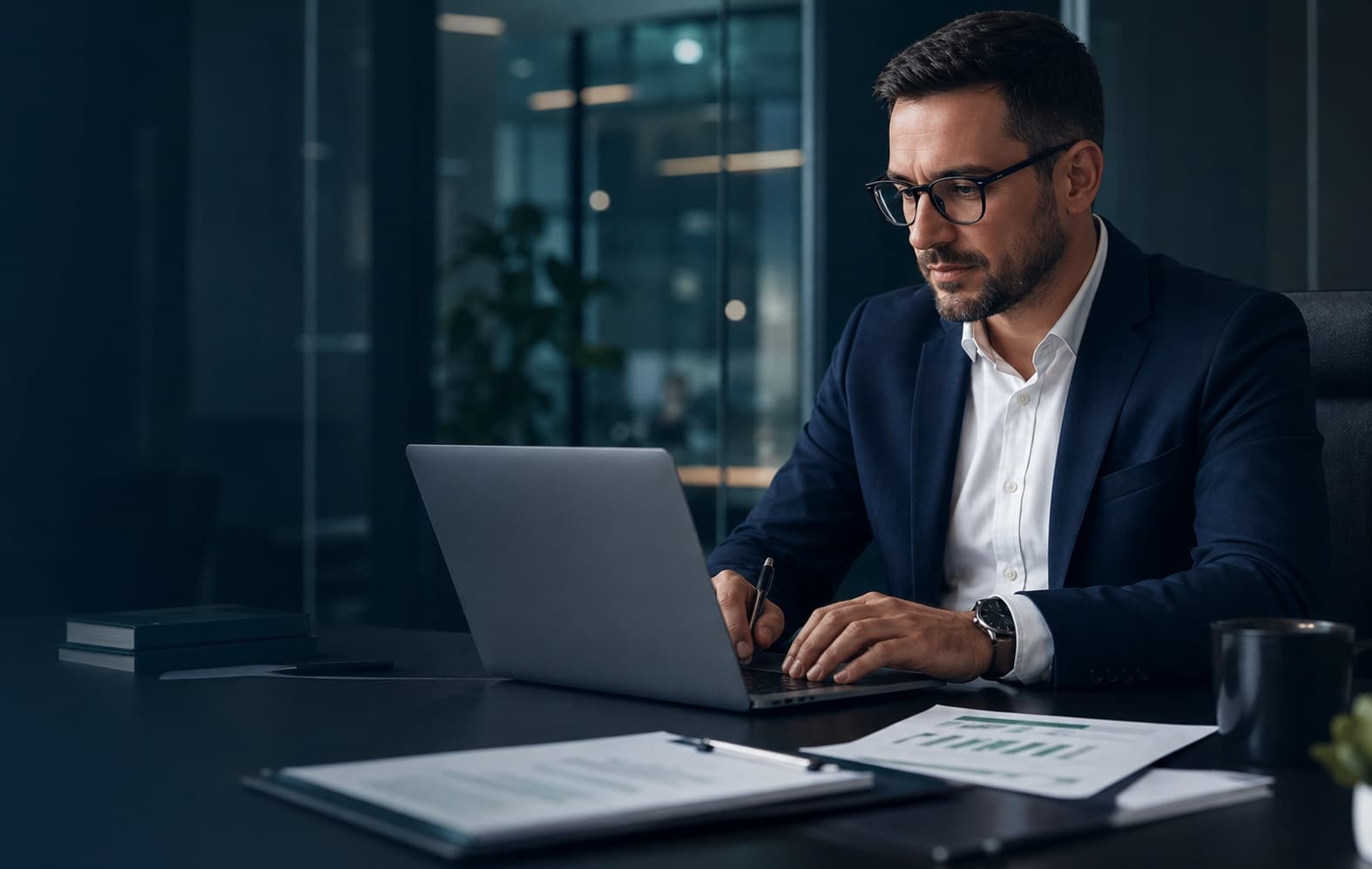 Executivo analisando gestão financeira em notebook